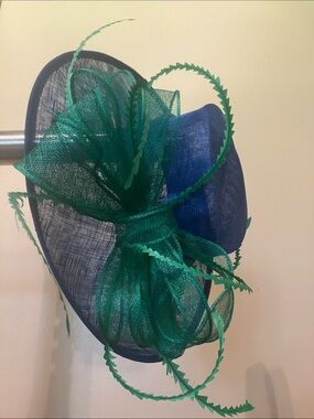 Elegant Royal Blue Wide-Brim Hat with Green Bow